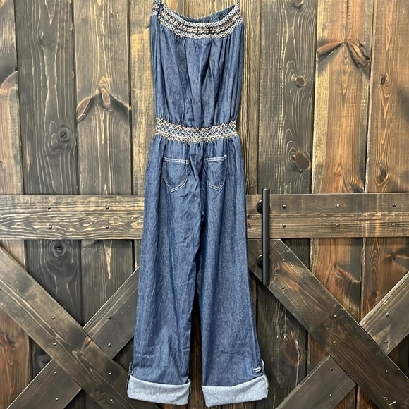 Chesley Denim Jumpsuit S Wide Leg Strapless Pockets Soft Elastic Stretch Waist - Picture 5 of 10